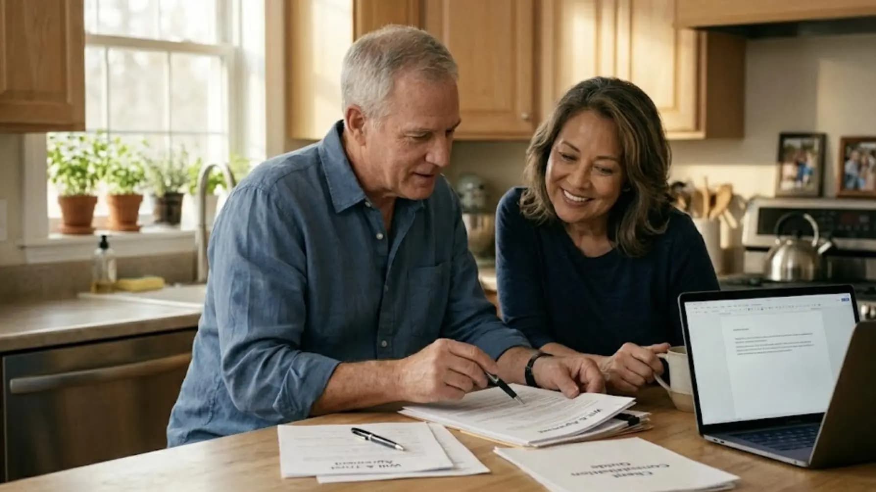 How to Prepare a Will and Testament Couple reviewing a Last Will and Testament preparation checklist while organizing estate planning documents at home.