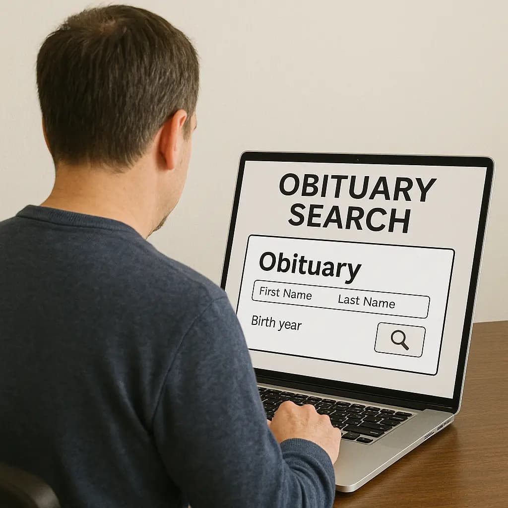 Free Obituary Search Man using a laptop for a free obituary search by first name, last name, and birth year.