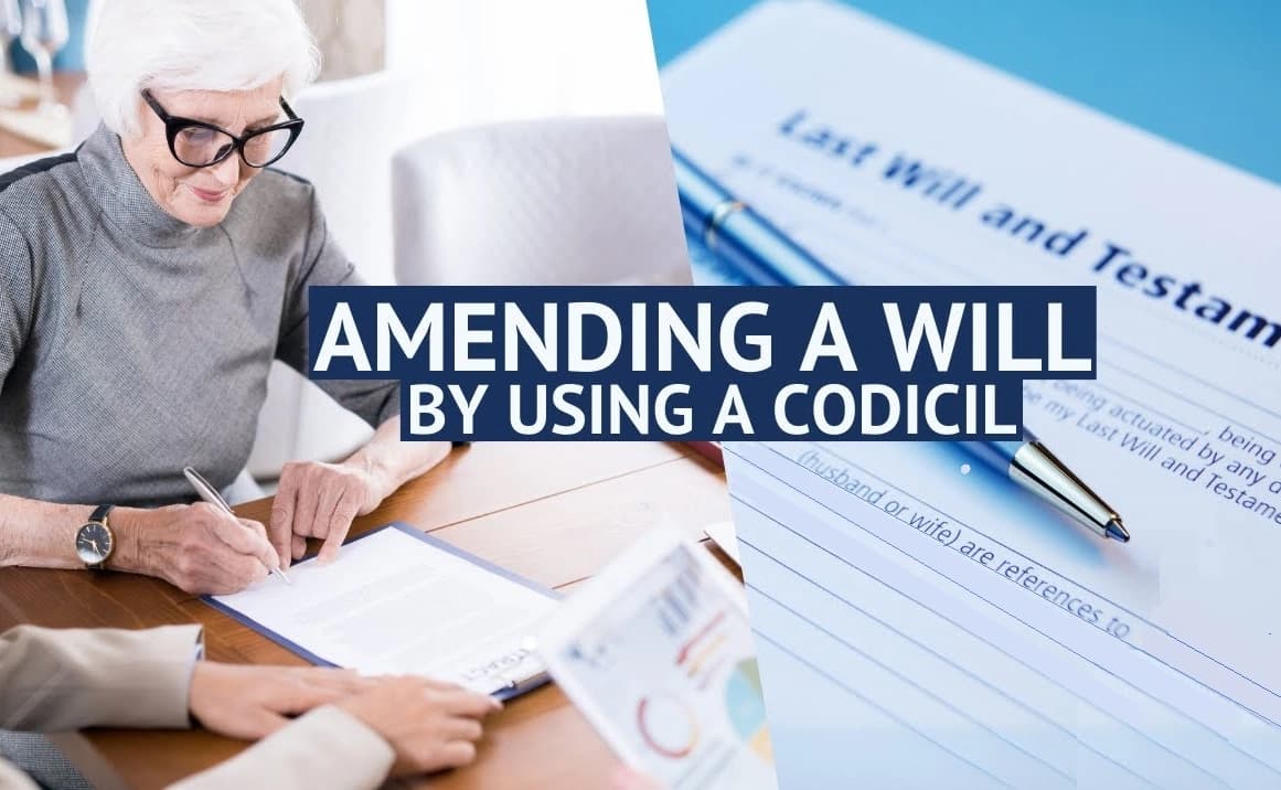 Amending a will through a codicil Woman sitting at a desk, reviewing and amending her will with a codicil.