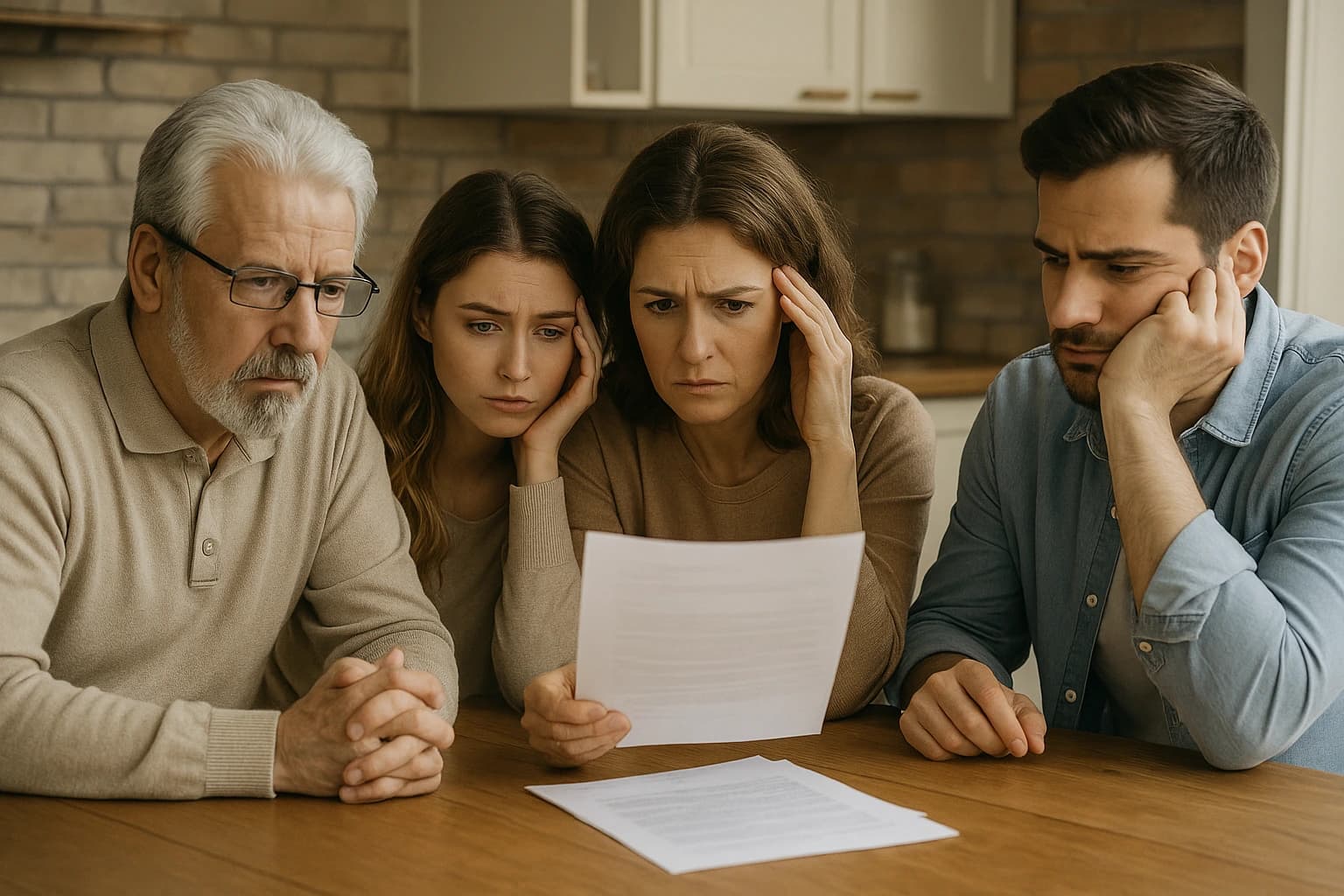 Family Contemplating Settling an Estate Without a Will Family looking confused while reviewing documents, wondering steps to settling an estate without a will.