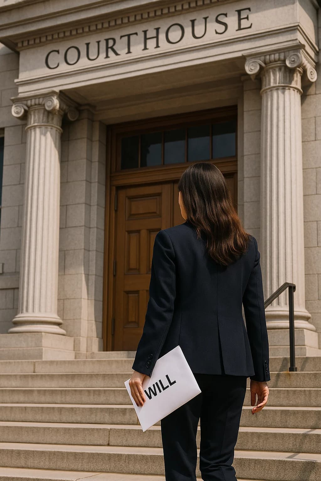 Do Wills Need to Be Filed With Court Woman entering courthouse holding a will envelope, symbolizing court filing of wills.