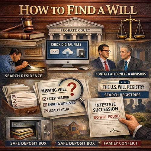 How To Find A Will Search Process Guide How to find a will infographic showing steps to locate a missing will.