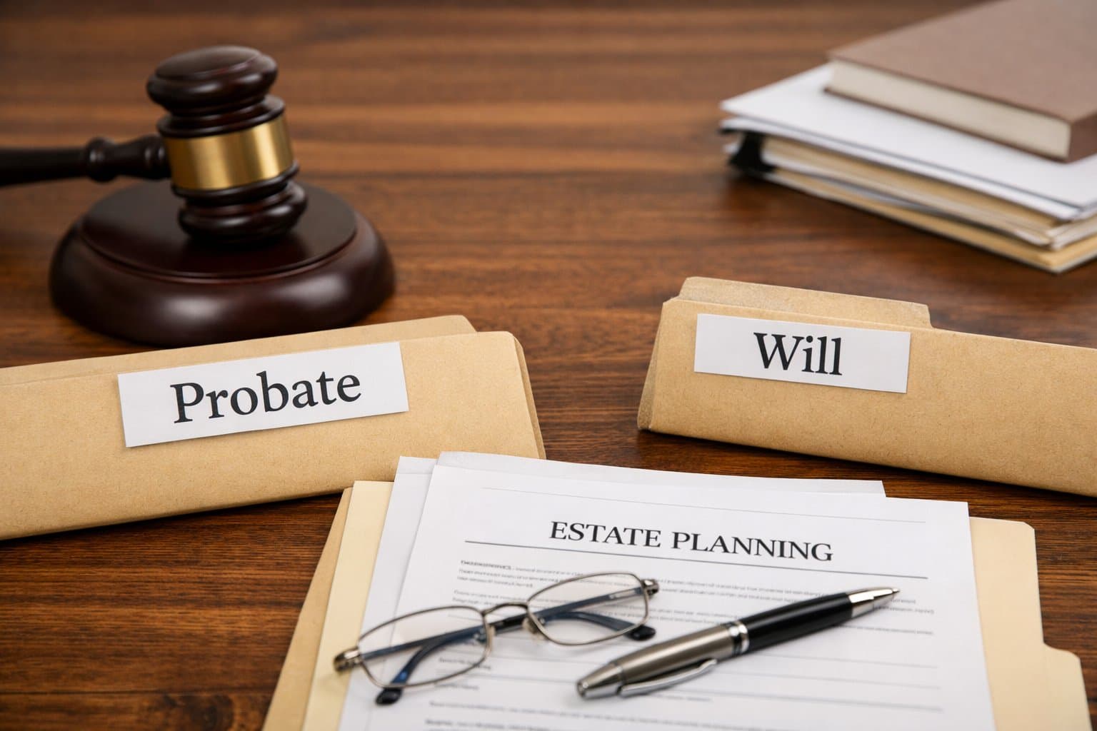 Probate Complete Guide Estate Documents Probate court documents and organized estate planning file on wooden desk
